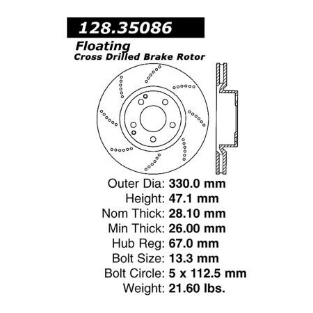 Centric Centric Premium OE Style Drilled Brake Rotor, Centric Parts 128.35086 128.35086